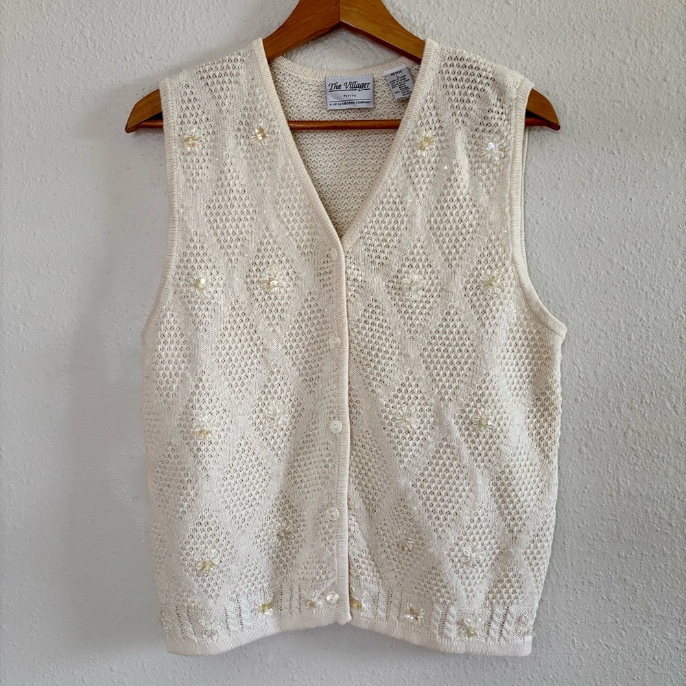 The Villager Sweater Vest Cardigan Cream PL Cottagecore Grannycore Sequin Beads